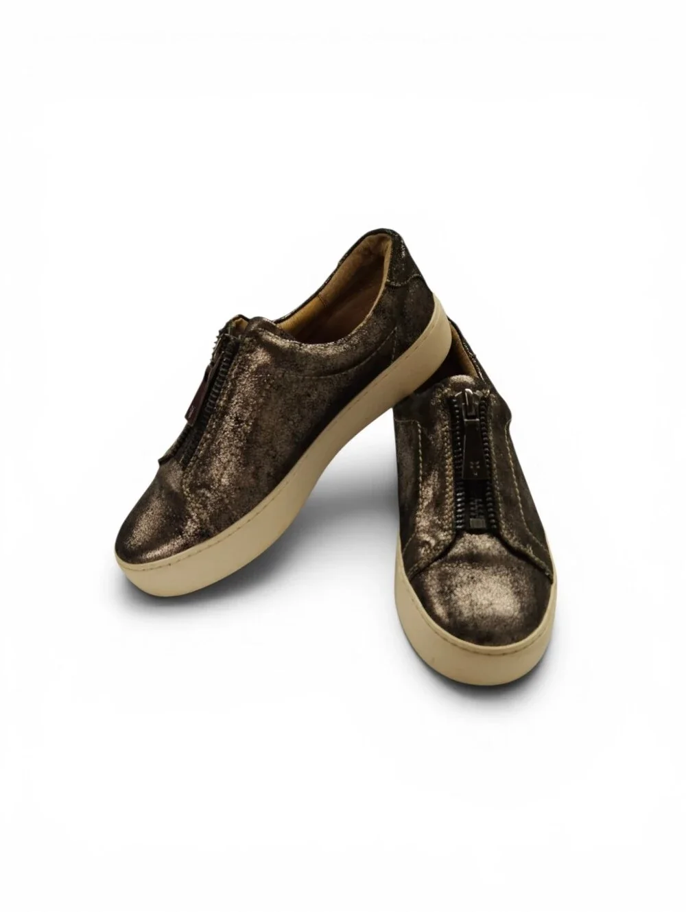 Frye Lena Low Platform Slip-On Leather Sneakers in Pewter And Bronze Size 6.5